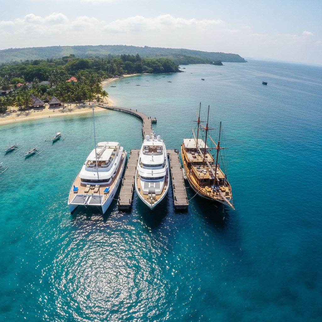 Drone aerial showing three private charter vessels — a sport yacht, a catamaran and a phinisi schooner — anchored together off Bali for vessel comparison