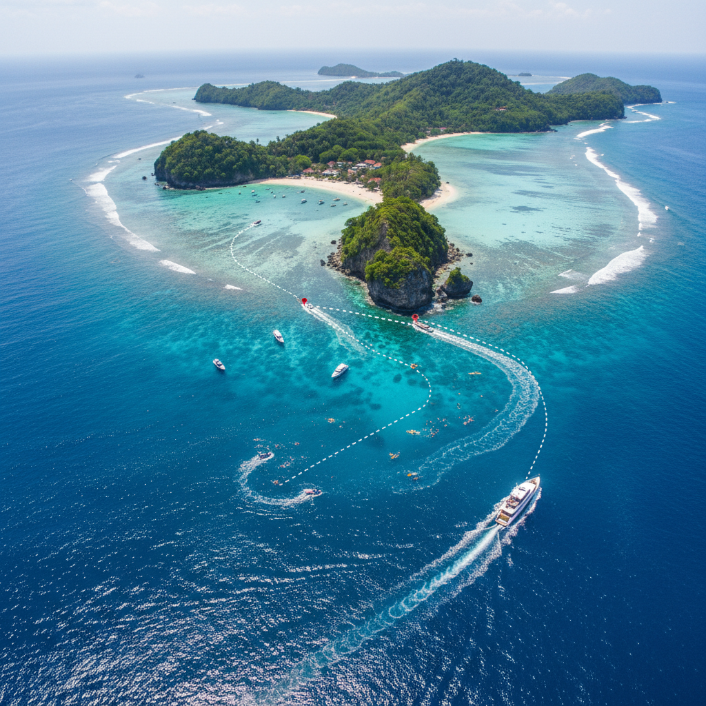 Drone aerial of the Bali to Nusa Lembongan to Nusa Penida charter route at mid-morning, private catamaran cutting across the channel