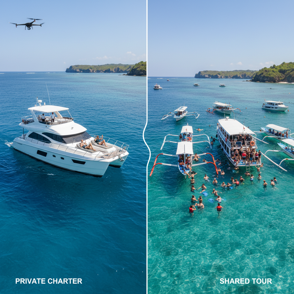 Drone aerial showing a crowded shared speedboat with thirty passengers next to an empty private charter catamaran, illustrating the difference in space and pace