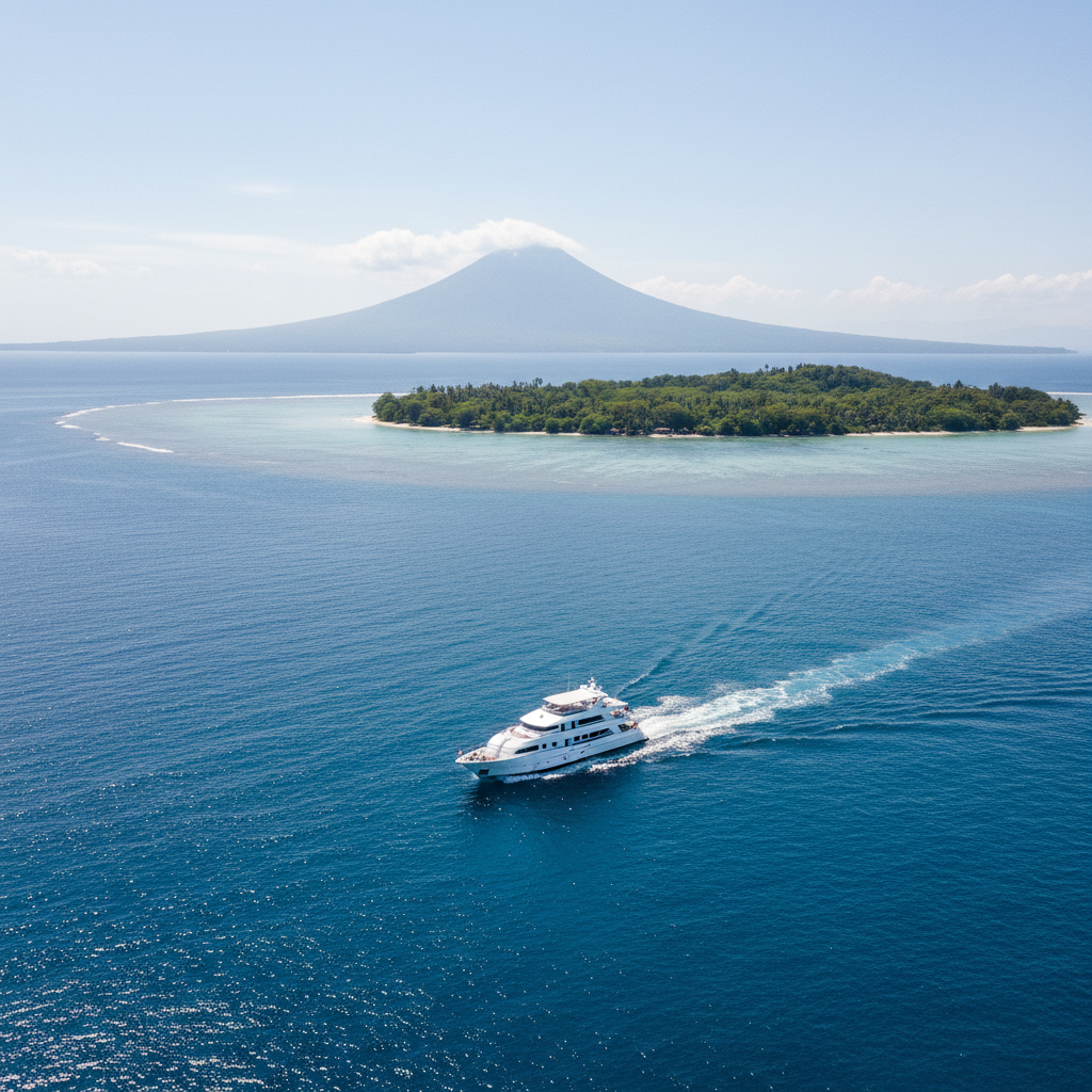 Aerial drone view of a private 50ft catamaran cruising the turquoise channel between Bali and Nusa Lembongan at golden hour, charter guests on the bow deck
