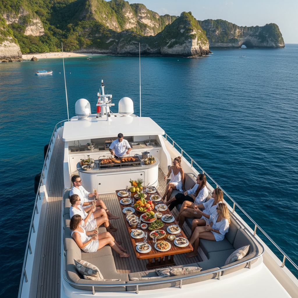 Drone aerial of a 60ft catamaran anchored in Crystal Bay Nusa Penida, charter guests snorkelling in turquoise water, Bali outline on the horizon